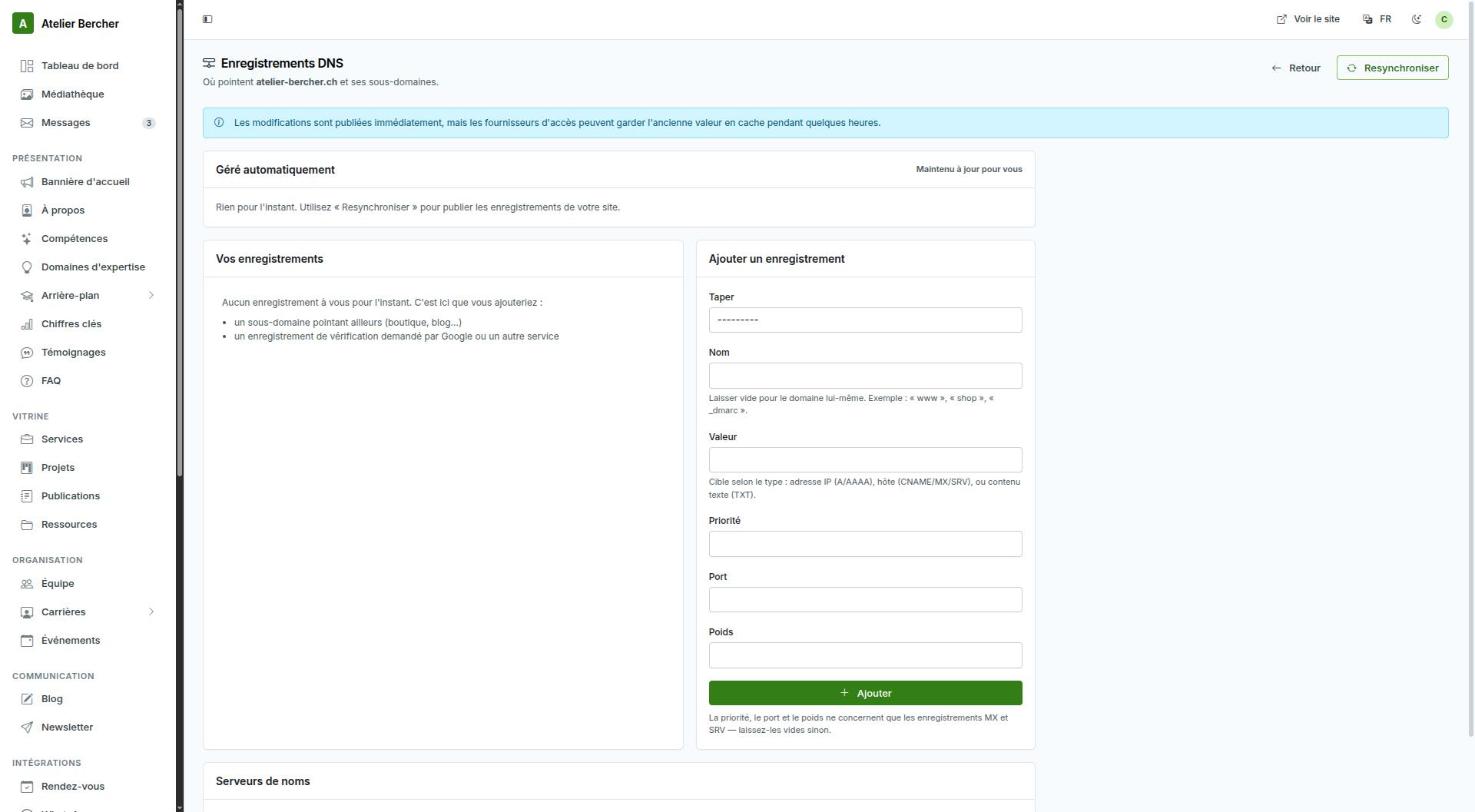 O ecrã dos registos DNS: uma secção gerida automaticamente, os seus próprios registos e um formulário para acrescentar um.